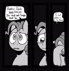 Size: 2002x2048 | Tagged: safe, artist:melodymelanchol, imported from derpibooru, pinkie pie, earth pony, pony, comic:rotten harmony, black and white, comic, crying, dialogue, female, grayscale, mare, monochrome, solo, speech bubble, unshorn fetlocks