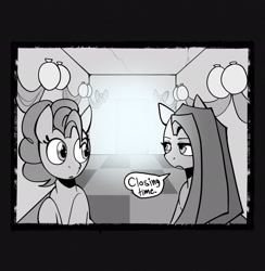 Size: 2002x2048 | Tagged: safe, artist:melodymelanchol, imported from derpibooru, pinkie pie, earth pony, pony, comic:rotten harmony, balloon, black and white, dialogue, female, grayscale, mare, monochrome, pinkamena diane pie, speech bubble