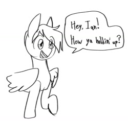 Size: 1345x1275 | Tagged: safe, artist:melodymelanchol, imported from derpibooru, pegasus, pony, anthony padilla, black and white, dialogue, grayscale, male, monochrome, ponified, sketch, smosh, solo, speech bubble, stallion