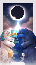 Size: 2850x5175 | Tagged: safe, alternate version, artist:serenity, imported from derpibooru, princess celestia, princess luna, alicorn, 2024 solar eclipse, alicorns only, chest fluff, cloud, duo, duo female, eclipse, eyes closed, feathered wings, female, fluffy, folded wings, glowing, glowing horn, high res, horn, horns are touching, jewelry, magic, moon, peytral, regalia, royal sisters, siblings, sisters, sisters being sisters, solar eclipse, stars, sun, sunset, wings
