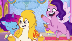 Size: 1280x720 | Tagged: safe, imported from derpibooru, screencap, pipp petals, pegasus, pony, unicorn, spoiler:g5, spoiler:my little pony: tell your tale, spoiler:tyts02e00, animated, female, flare (g5), g5, gif, horn, mane melody (location), mare, misty brightdawn, my little pony: tell your tale, rebirth misty, sparkles, starry eyes, the blockywockys, trio, trio female, wingding eyes