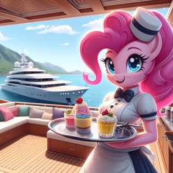 Size: 1024x1024 | Tagged: prompter needed, safe, imported from derpibooru, anthro, ai content, ai generated, cupcake, food, ocean, solo, waitress, water, yacht