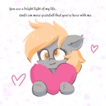 Size: 1280x1280 | Tagged: safe, artist:comfort_ponies, imported from derpibooru, derpy hooves, pegasus, pony, cute, female, heart, hearts and hooves day, looking at you, mare, positive ponies, simple background, solo, text