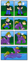 Size: 1735x3761 | Tagged: safe, artist:joltink, imported from derpibooru, oc, oc only, oc:sky charger, human, inflatable pony, pegasus, pooltoy pony, happy, hose, human to pony, inflatable, male, swimming pool, transformation, transformation sequence