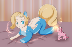 Size: 1942x1285 | Tagged: safe, artist:luxianne, imported from derpibooru, oc, oc only, human, pony, unicorn, female, frown, horn, human to pony, inanimate tf, lying down, magic, plushie, plushification, prone, transformation