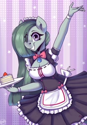 Size: 3500x5000 | Tagged: safe, artist:shadowreindeer, imported from derpibooru, marble pie, anthro, cake, clothes, food, maid, solo