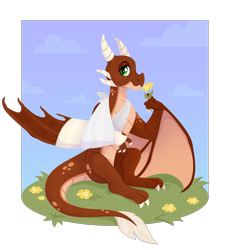 Size: 3000x3300 | Tagged: safe, artist:kabuvee, imported from derpibooru, oc, oc only, oc:ash, dragon, wyvern, bandage, broken bone, broken wing, bruised, cast, claws, colored wings, commission, dragon oc, dragonified, flower, grass, injured, male, non-pony oc, sling, smiling, solo, species swap, tail, wings