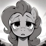 Size: 1024x1024 | Tagged: safe, imported from derpibooru, pinkie pie, earth pony, pony, ai content, ai generated, bags under eyes, depressed, generator:bing image creator, generator:dall-e 3, outdoors, prompter:enterusxrname, sad, solo, tired