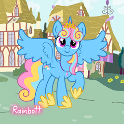 Size: 600x600 | Tagged: safe, artist:rainbott, artist:user15432, imported from derpibooru, oc, oc only, oc:rainbow seaheart, alicorn, pony, blue coat, clothes, crown, female, jewelry, looking at you, mare, multicolored hair, necklace, picrew, pink eyes, ponysona creator, ponyville, rainbow hair, rainbow tail, raised hoof, regalia, seashell necklace, shoes, smiling, solo, tail