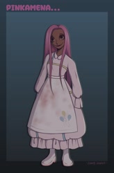 Size: 2100x3200 | Tagged: safe, artist:lovelylaurenog, imported from derpibooru, pinkie pie, human, fanfic:cupcakes, alternate hairstyle, apron, blood, bloodshot eyes, boots, clothes, creepy, creepy smile, dark skin, dress, female, humanized, pinkamena diane pie, shoes, smiling, solo