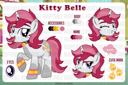 Size: 1100x732 | Tagged: safe, artist:jennieoo, imported from derpibooru, oc, oc:kitty belle, pony, unicorn, adoptable, adoptable open, auction, auction open, cutie mark, eye, eyes, happy, horn, looking at you, mole, one eye closed, piercing, reference sheet, smiling, smiling at you, solo, tongue piercing, wink