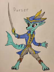 Size: 3024x4032 | Tagged: safe, artist:veprem, imported from derpibooru, oc, oc only, oc:purser, original species, clothes, female, fish tail, pirate, seadog, solo, sword, tail, traditional art, weapon, webbed fingers