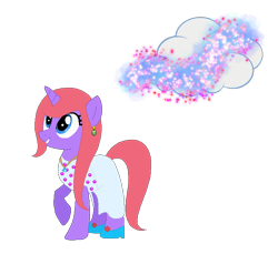 Size: 662x629 | Tagged: safe, artist:selenaede, artist:user15432, imported from derpibooru, oc, oc:shimmer cloud, pony, unicorn, base used, clothes, cloud, cutie mark, dress, dust, ear piercing, earring, high heels, horn, jewelry, necklace, piercing, pink mane, pink tail, purple coat, raised hoof, shoes, simple background, smiling, sparkles, stars, tail, transparent background, white dress