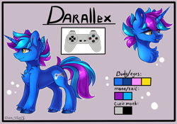 Size: 3000x2100 | Tagged: safe, alternate version, artist:yuris, imported from derpibooru, oc, oc only, oc:darallex, pony, unicorn, commission, cutie mark, ears up, horn, male, reference, simple background, smiling, solo, unshorn fetlocks