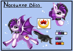 Size: 3000x2100 | Tagged: safe, alternate version, artist:yuris, imported from derpibooru, oc, oc only, oc:nocturne bliss, bat pony, pony, bat pony oc, bat wings, blue background, choker, commission, cutie mark, ears up, female, open mouth, simple background, smiling, solo, wings
