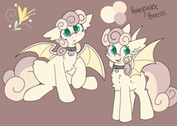 Size: 2800x2000 | Tagged: safe, imported from derpibooru, oc, oc only, oc:honeysuckle breeze, bat, bat pony, bell, bell collar, blushing, collar, cute, reference sheet, simple background, spread wings, wingding eyes, wings