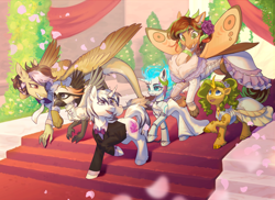 Size: 4000x2911 | Tagged: safe, artist:helemaranth, imported from derpibooru, oc, oc only, oc:chel silktail, oc:echo trot, oc:eldorada, oc:ira, oc:season's greetings, oc:yiazmat, draconequus, kirin, pony, robot, robot pony, unicorn, clothes, couple, draconequus oc, dress, echomat, female, flower, flower in hair, hooves, horn, horns, husband and wife, husband and wives, irazmat, jewelry, kirin oc, male, marriage, necklace, paws, polyamory, polygamy, shipping, spread wings, suit, tail, talons, tiara, unicorn oc, wedding, wedding dress, wings, yiarada, yiaztail