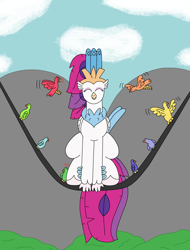 Size: 2394x3144 | Tagged: safe, artist:supahdonarudo, imported from derpibooru, queen novo, bird, classical hippogriff, hippogriff, my little pony: the movie, behaving like a bird, cloud, eyes closed, hippogriffs doing bird things, mountain, power line, sitting, tree