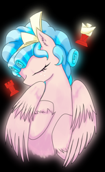 Size: 1100x1798 | Tagged: safe, artist:ohnancy, imported from derpibooru, cozy glow, pegasus, pony, black background, bust, eyes closed, female, filly, foal, portrait, rook, simple background, solo