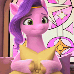 Size: 498x498 | Tagged: safe, imported from derpibooru, screencap, pipp petals, pegasus, pony, spoiler:g5, spoiler:my little pony: make your mark, spoiler:my little pony: make your mark chapter 4, spoiler:mymc04e06, a little horse, adorapipp, animated, cute, female, g5, gif, hug, mare, my little pony: make your mark, my little pony: make your mark chapter 4, pillow, pillow hug