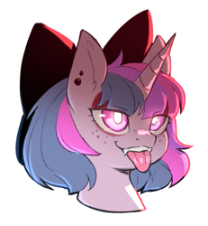 Size: 1089x1177 | Tagged: safe, artist:cold-blooded-twilight, imported from derpibooru, twilight sparkle, oc, oc:lilith, cold blooded twilight, bow, eyeshadow, fangs, freckles, glowing, glowing eyes, makeup, piercing, simple background, tongue out, transparent background