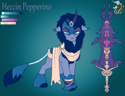 Size: 1566x1200 | Tagged: safe, artist:brainiac, imported from derpibooru, oc, oc:heccin pepperino, kirin, female, mare, redesign, reference sheet, solo, sword, weapon