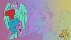 Size: 1920x1080 | Tagged: safe, artist:axelarion, imported from derpibooru, oc, oc:heart's eye, anthro, pegasus, pony, anthro oc, big breasts, braid, braided tail, breasts, clothes, colored, denim, ear piercing, earring, gravity-defying breasts, hair over one eye, hand, hand on hip, hooves, huge breasts, impossibly large breasts, jeans, jewelry, lips, long hair, pants, peace sign, piercing, signature, solo, standing, tail, wallpaper, watermark, wide hips, wings