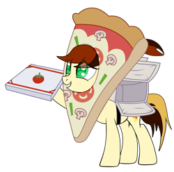 Size: 2524x2500 | Tagged: safe, artist:yesic01, imported from derpibooru, oc, oc only, oc:toffie, pegasus, pony, base used, clothes, commission, costume, female, food, grin, mare, mascot costume, pizza, pizza box, raised hoof, simple background, smiling, solo, transparent background, wingless, ych result
