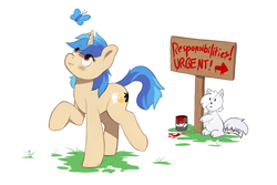 Size: 2400x1600 | Tagged: safe, artist:miramore, imported from derpibooru, oc, butterfly, pony, unicorn, wolf, 2024, adhd, cute, cutie mark, distracted, grass, horn, paint, paintbrush, sign, signature, simple background, solo