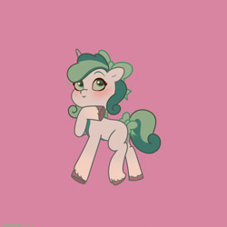 Size: 2480x2480 | Tagged: safe, artist:starburstuwu, imported from derpibooru, screencap, oc, oc only, oc:prixy, pony, unicorn, blushing, bow, female, hair bow, high res, hoof on chin, horn, looking up, mare, purple background, simple background, tail, tail bow, unshorn fetlocks