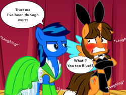 Size: 1024x768 | Tagged: safe, artist:bluemario11, imported from derpibooru, oc, oc:blue thunder, oc:ej, animal costume, bunny costume, clothes, costume, embarrassed, male, stage, stallion