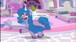 Size: 1287x720 | Tagged: safe, imported from derpibooru, screencap, izzy moonbow, spoiler:g5, spoiler:my little pony: tell your tale, spoiler:tyts01e42, bracelet, couch, crystal brighthouse, cute, dizzy, dizzy izzy, dizzy moonbow, firework-ing together, friendship bracelet, g5, glowing, glowing horn, horn, izzybetes, jewelry, lamp, living room, my little pony: tell your tale, open mouth, pillow, plant, swirly eyes