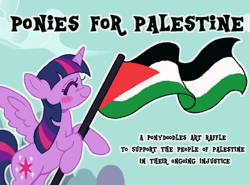 Size: 1276x942 | Tagged: safe, artist:onionpwder, imported from derpibooru, twilight sparkle, alicorn, pony, comments locked down, female, flag, flag waving, holding a flag, link in description, mare, palestine, politics, raffle, smiling, solo, spread wings, twilight sparkle (alicorn), wings