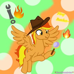 Size: 1280x1280 | Tagged: safe, artist:rosedoesart01, imported from derpibooru, oc, oc only, oc:firey ratchet, cutie mark, detective, fedora, hat, magnifying glass, male, solo
