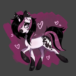 Size: 2048x2048 | Tagged: safe, artist:toxikil, imported from derpibooru, oc, oc:blitz chord, pony, unicorn, bracelet, choker, coat markings, cute, ear piercing, earring, emo, eyelashes, female, goth, horn, horn ring, jewelry, makeup, music notes, nose rings, piercing, pose, ring, scene, shiny hooves, simple background, socks (coat markings), solo, solo female, spiked choker, spots, wingding eyes
