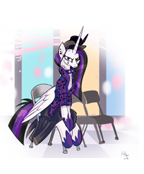 Size: 2601x3128 | Tagged: safe, artist:lytlethelemur, imported from derpibooru, princess celestia, alicorn, pony, chair, choker, hat, looking at you, punklestia, solo, spiked choker