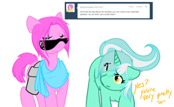 Size: 1280x788 | Tagged: safe, artist:azure-doodle, imported from derpibooru, lyra heartstrings, oc, oc:james hairspray, pony, sexually confused lyra, sunglasses