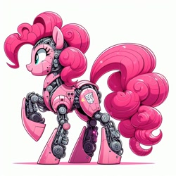 Size: 1024x1024 | Tagged: safe, editor:giantpony, imported from derpibooru, pinkie pie, earth pony, pony, robot, robot pony, ai assisted, ai content, ai generated, amalgamation, augmented, autobot, concave belly, cute, cybertronian, diapinkes, female, generator:bing image creator, generator:dall-e 3, implied fusion, mashup, pinkamena diane pie, pinkie bot, pinkie pie hair, prompter:giantpony, robotic, roboticization, solo, transformerfied, transformers