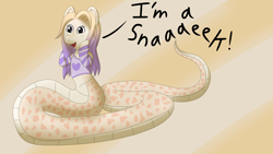 Size: 3840x2160 | Tagged: safe, artist:solarcis, imported from derpibooru, oc, oc:sunnybean, lamia, original species, clothes, dialogue, happy, human shoulders, im a snake, long hair, meme, ponified meme, shirt, simple background, solo, two toned hair