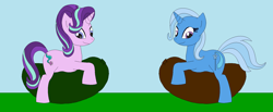 Size: 1651x682 | Tagged: safe, artist:marybethemberjoy49-1, imported from derpibooru, starlight glimmer, trixie, unicorn, balloon, balloon riding, duo, duo female, female, horn, riding, that pony sure does love balloons