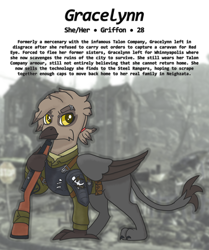 Size: 4740x5681 | Tagged: safe, artist:owslafa, imported from derpibooru, oc, oc:gracelynn, griffon, armor, combat armor, gun, reference sheet, rifle, solo, weapon