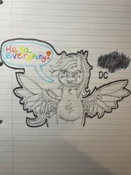 Size: 3024x4032 | Tagged: safe, artist:snapple_bloom, imported from derpibooru, rainbow dash, pegasus, pony, friendship is magic, chest fluff, female, front view, introduction, looking at you, mare, outline, smiling, smiling at you, smirk, speech bubble, spread wings, tail, traditional art, wings