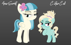Size: 1920x1215 | Tagged: safe, artist:bearmation, imported from derpibooru, oc, oc only, oc:aria sonnet, oc:curtain call, earth pony, pegasus, pony, duo, duo female, female, filly, flower, flower in hair, foal, gradient background, grin, lidded eyes, looking at you, name, offspring, parent:coco pommel, parent:zephyr breeze, parents:cocobreeze, siblings, sisters, smiling, smiling at you
