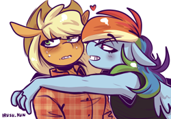 Size: 2048x1423 | Tagged: safe, artist:lrusu, imported from derpibooru, applejack, rainbow dash, anthro, earth pony, pegasus, appledash, applejack's hat, bedroom eyes, blushing, cowboy hat, duo, duo female, eye clipping through hair, eyebrows, eyebrows visible through hair, female, floppy ears, hand on shoulder, hat, heart, lesbian, shipping, signature, simple background, sweat, white background, wings