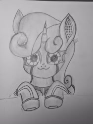 Size: 3072x4080 | Tagged: safe, artist:moonlightrift, imported from derpibooru, sweetie belle, pony, robot, robot pony, unicorn, :3, cute, diasweetes, female, horn, peeking, simple background, solo, solo female, sweetie bot, thousand yard stare, traditional art