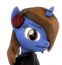 Size: 370x386 | Tagged: safe, alternate version, artist:mod-madclicker, imported from twibooru, oc, oc only, oc:mod-madclicker, pony, unicorn, 3d, bust, clothes, female, frown, headphones, image, jacket, looking at you, mare, needs more jpeg, portrait, simple background, solo, source filmmaker, white background