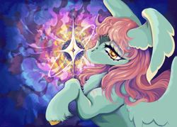 Size: 2100x1500 | Tagged: safe, artist:slimeprints, imported from derpibooru, oc, oc only, oc:searchlight, pegasus, pony, solo, space, stars, wing ears, wingding eyes, wings