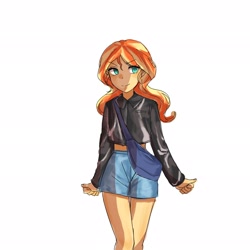 Size: 2048x2048 | Tagged: safe, artist:sugarcube269, imported from derpibooru, sunset shimmer, human, equestria girls, 2d, clothes, female, jacket, leather, leather jacket, legs, long sleeves, midriff, shorts, simple background, smiling, solo, white background
