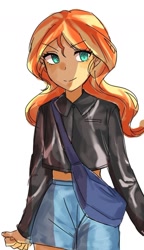 Size: 768x1331 | Tagged: safe, alternate version, artist:sugarcube269, imported from derpibooru, sunset shimmer, human, 2d, clothes, female, jacket, leather, leather jacket, long sleeves, shorts, simple background, smiling, solo, white background