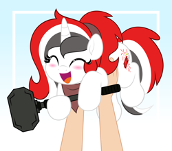 Size: 5680x5000 | Tagged: safe, artist:jhayarr23, imported from derpibooru, oc, oc only, oc:red rocket, unicorn, blushing, clothes, commission, cute, cutie mark, hammer, happy, horn, scarf, sledgehammer, your character here